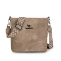 Khaki soft leather bucket bag with wide patterned strap, stylish women's crossbody bag. - Khaki