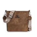 Brown PU leather bucket bag featuring a wide patterned strap, stylish daily shoulder crossbody bag. - Dark Brown