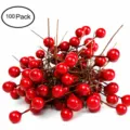 100 Pack artificial red berries stems fake holly berries for Christmas tree decor craft - 1cm Red Fruit 100pcs/Bag