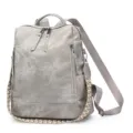 Stylish grey PU leather backpack for women, retro casual travel daypack with geometric straps. - Gray