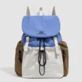 Color-blocked casual women backpack, blue and white canvas daypack with side pockets. - Blue