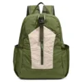 Lightweight green nylon backpack with beige pocket, large capacity, outdoor hiking travel bag. - Green