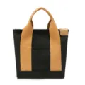 Black canvas tote bag with khaki handles, casual daily handbag and mini lunch bag style. - Black & Orange