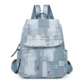 Blue washed denim texture backpack for women, casual drawstring flap travel school bag. - Blue