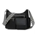 Retro soft leather multi-pocket crossbody bag with wide striped strap for daily commute. - Black