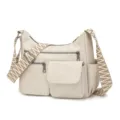 Beige soft leather multi-pocket shoulder bag with wide woven strap for women commuting - Off White