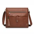 Stylish brown faux leather crossbody bag for women with chic tassel and front zipper pocket. - Tan