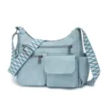 Retro soft leather multi-pocket crossbody bag in light blue with wide striped strap variant. - Blue