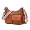 Vintage soft leather multi-pocket crossbody bag with wide patterned strap, brown commuter bag. - Tan