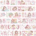 Cute fairy washi tape roll with pink floral and cute anime girl illustrations for journals. - Peach Sprite