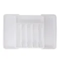 White plastic expandable kitchen drawer organizer tray for cutlery and silverware storage. - White