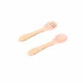 Baby silicone wooden handle spoon fork set, easy to clean durable feeding cutlery. - Morandi Pink Fork And Spoon