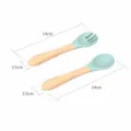 Silicone baby spoon and fork set with wooden handle, safe infant feeding tableware. - Morandi Blue Fork And Spoon