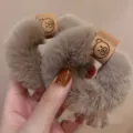 Fluffy brown hair scrunchie with cute bear patch, soft winter elastic hair band for women. - Camel + Camel
