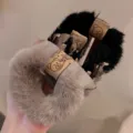 Fluffy plush hair scrunchies with cute bear leather patch, soft hair ties for women and girls. - Camel and Black