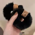 Black fluffy hair scrunchie with cute bear patch, soft winter hair tie for women. - 1# Bear Patch Plush Hair Scrunchie - Black 1pc