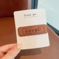 Brown leather square hair clip with love heart embroidery, cute sweet style sweet hair accessory - Red Brown