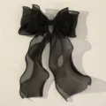 Black sheer mesh bow hair clip with long ribbons, elegant back of head hair accessory. - Black