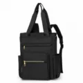 Black nylon backpack for women, multi-functional laptop travel bag with top handles and gold. - Black