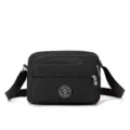 Casual nylon crossbody shoulder bag for women with multi-zipper compartments and adjustable strap. - Black