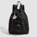 Black nylon drawstring backpack casual daily travel shoulder bag for daily outdoor use. - Black