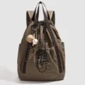 Casual nylon drawstring backpack for women, lightweight large capacity travel sports bag. - Coffee