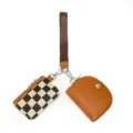 Fashion 2-in-1 women wristlet bag with checkerboard coin purse and brown mini card holder. - Brown Checkerboard