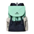 Color-blocked nylon backpack with flap and drawstring, casual college style for travel. - Lake Blue