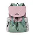 College style color block backpack in pink, mint green and grey, lightweight nylon school bag. - Pink