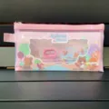 Pink mesh pencil case with cute animal print and zipper, ideal for student stationery storage pouch. - Animal