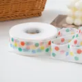 Detailed view of white sheer ribbon featuring colorful polka dots, perfect for gift wrapping. - Colorful Polka Dot Mesh Ribbon / 1 Roll Approx 23 Meters