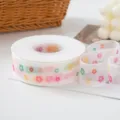 Close-up white sheer ribbon with colorful floral print for gift packaging and decoration. - Colorful Floral Mesh Ribbon / 1 Roll Approx 23 Meters