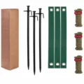 Heavy duty tree staking kit with stakes, green straps and reflective ropes for wind support. - Black Ground Spike 9-Piece Set / Green