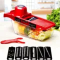 Multifunctional vegetable slicer set with interchangeable blades and container. - Red