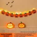 Guirnalda de calabazas de Halloween con luces LED calidas para decoracion de fiesta variante. - Bandera Calabaza Sonriente