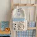 Schulrucksack hellblau beige farbblock süße plüsch bär dekoration freizeit schultasche - Mit Anhänger / L / Weiß