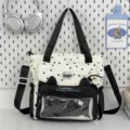 Bolso tote de lona estilo japones con ventana transparente diseño de orejas de gato. - Negro