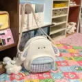 Cute bunny ear canvas shoulder bag, sweet blue plaid crossbody bag for girls, casual daily purse. - White with Pendant