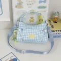 Blue gingham crossbody bag, casual cute shoulder bag with front pocket and adjustable strap. - Blue with Moon Pendant