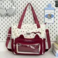 Japanischer Stil Canvas Tragetasche Studenten Große Kapazität Schultertasche süße Katzenohren - Rot