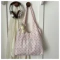 Pink polka dot canvas tote bag with lace stripes and cute tulip pearl pendant for women. - With Pendant / Pink