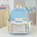 Niedlicher hellblauer Rucksack mit transparenter Vordertasche und Katzenohren-Design für Alltags. - Blau
