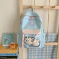 Sommerlicher frischer Farbblock Studenten Rucksack mit transparenter Tasche und Plüschtier. - Mit Anhänger / L / Blau