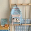 Hellblaue rosa Colorblock Studenten Rucksack Schultasche mit transparenter Vordertasche - Mit Anhänger / S / Blau