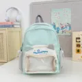 Mochila verde menta bonita con orejas de gato y bolsillo frontal transparente escolar. - Verde