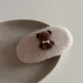 Cute plush bear hair clip with gold bow, fuzzy winter hairpin for women and girls daily wear. - Cream Oval BB Clip