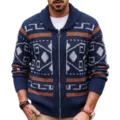 Ανδρική ζακέτα πλεκτή Fair Isle με φερμουάρ, σάλι γιακά και γεωμετρικά σχέδια χειμώνα. - M / Tops / Ναυτικό μπλε