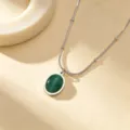 Stainless steel green cat eye stone oval pendant necklace for women fashion jewelry. - Silver Dark Green