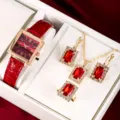 Montre a quartz carree elegante et ensemble de bijoux en cristal rouge avec collier et bague. - Ensemble Zirconium Rouge