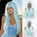 Light blue long straight synthetic wig with bangs for daily fashion and cosplay costume detail view. - 26 Inches / Light Blue